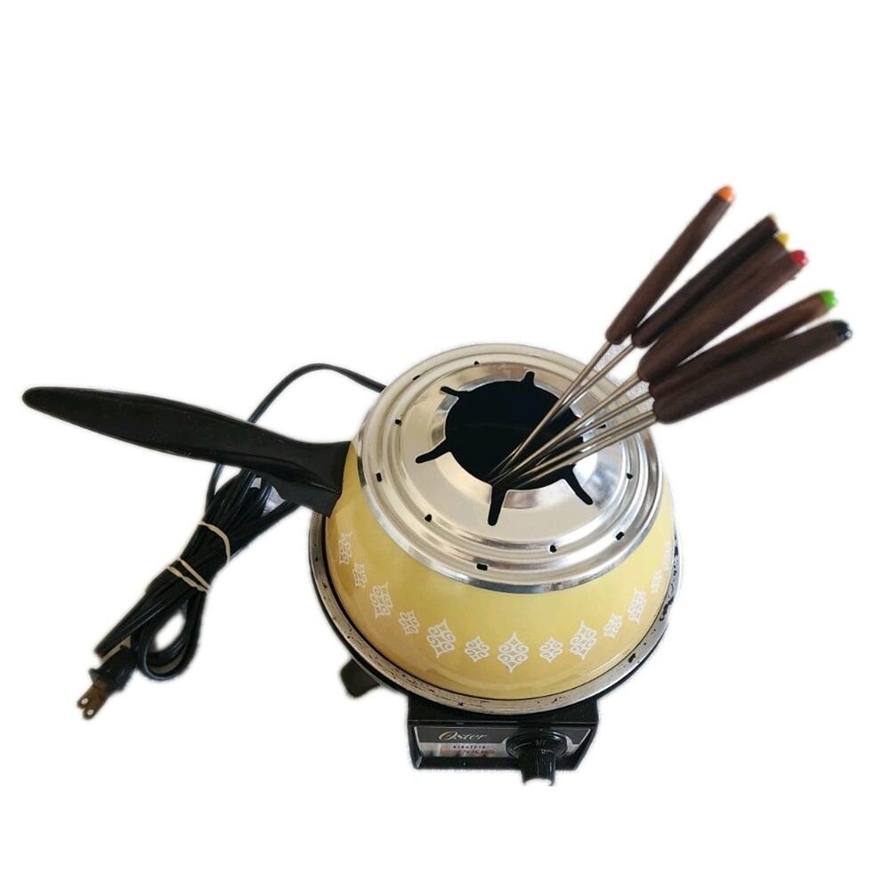 Oster Electric Fondue pot w/ Forks working Yellow vintage 70s Kitchen Retro
